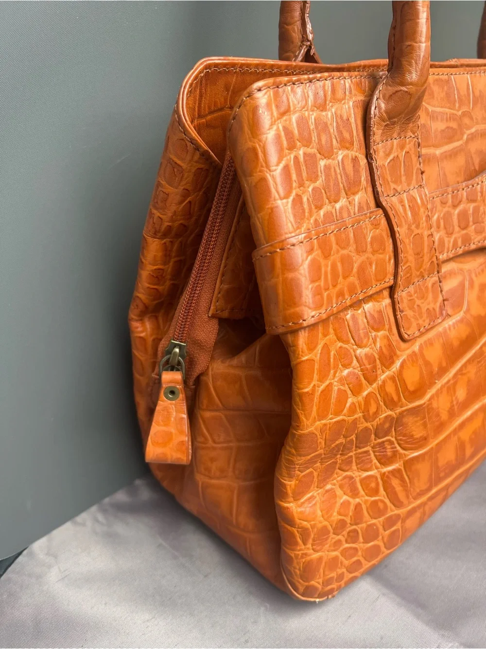 Vintage Michel Rome Croc-embossed Cognac Leather Satchel Handbag.